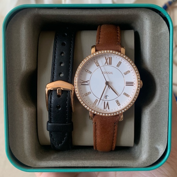 Jacqueline Three-Hand Date Glitz Leather Watch Set - Picture 1 of 7